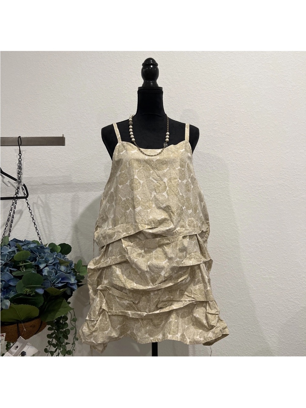 Tiered Metallic Beige Mini Dress with Spaghetti Straps